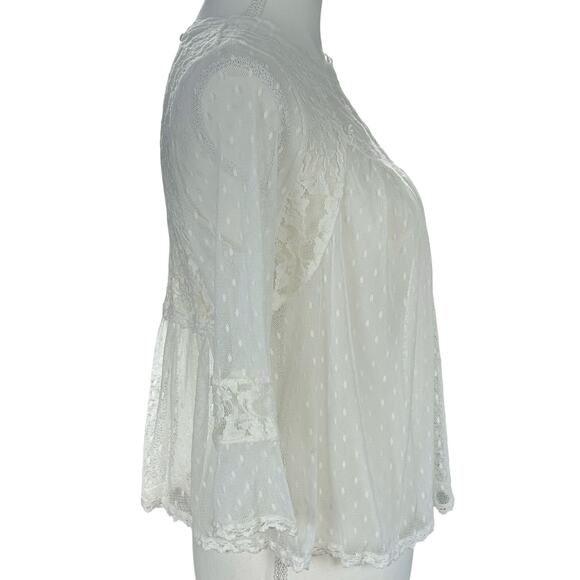 Free People Lace Top Women Sze Medium Ivory White Boho Romantic Sheer Dot Blouse - Picture 5 of 14